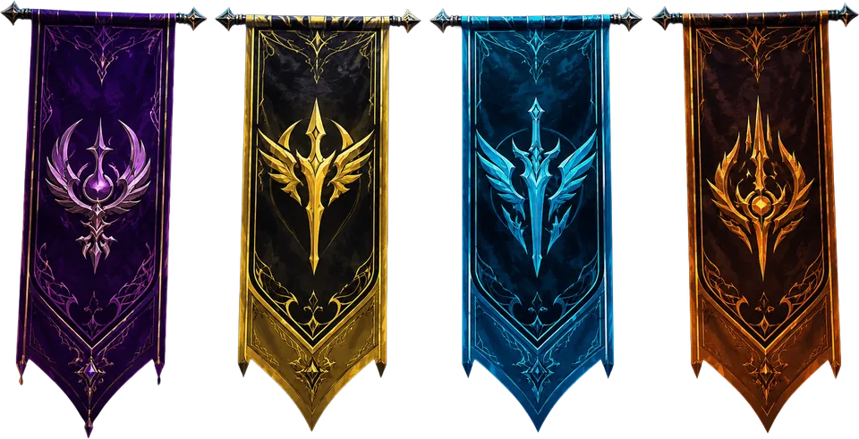Four fantasy guild banners hanging side by side on an arena wall