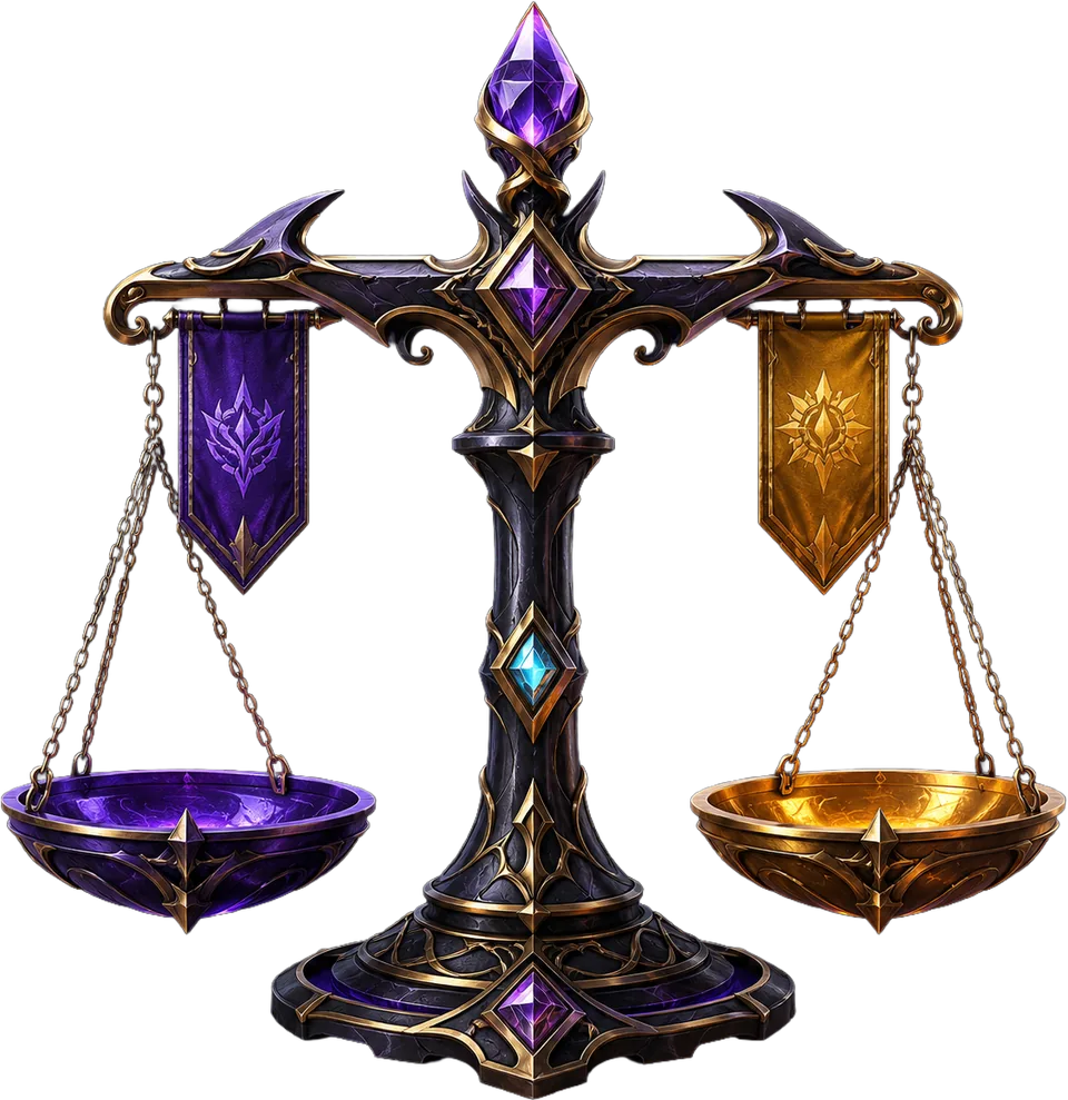Comparison scales holding two tiny guild banners