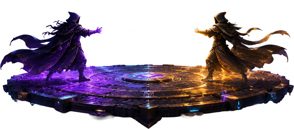 Two mage silhouettes facing off in a fantasy duel arena