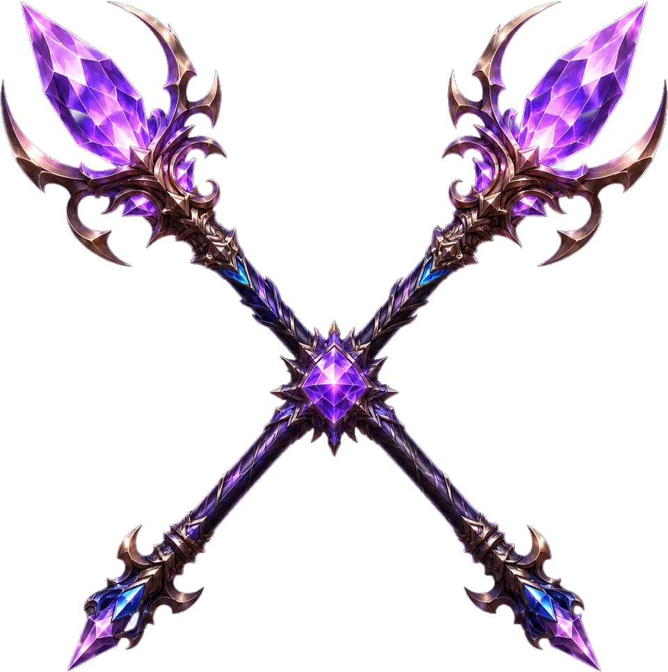 Crossed crystal mage staffs with a violet gem
