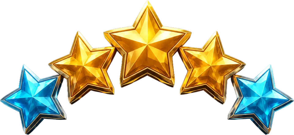 Five floating review star gems in cyan and gold