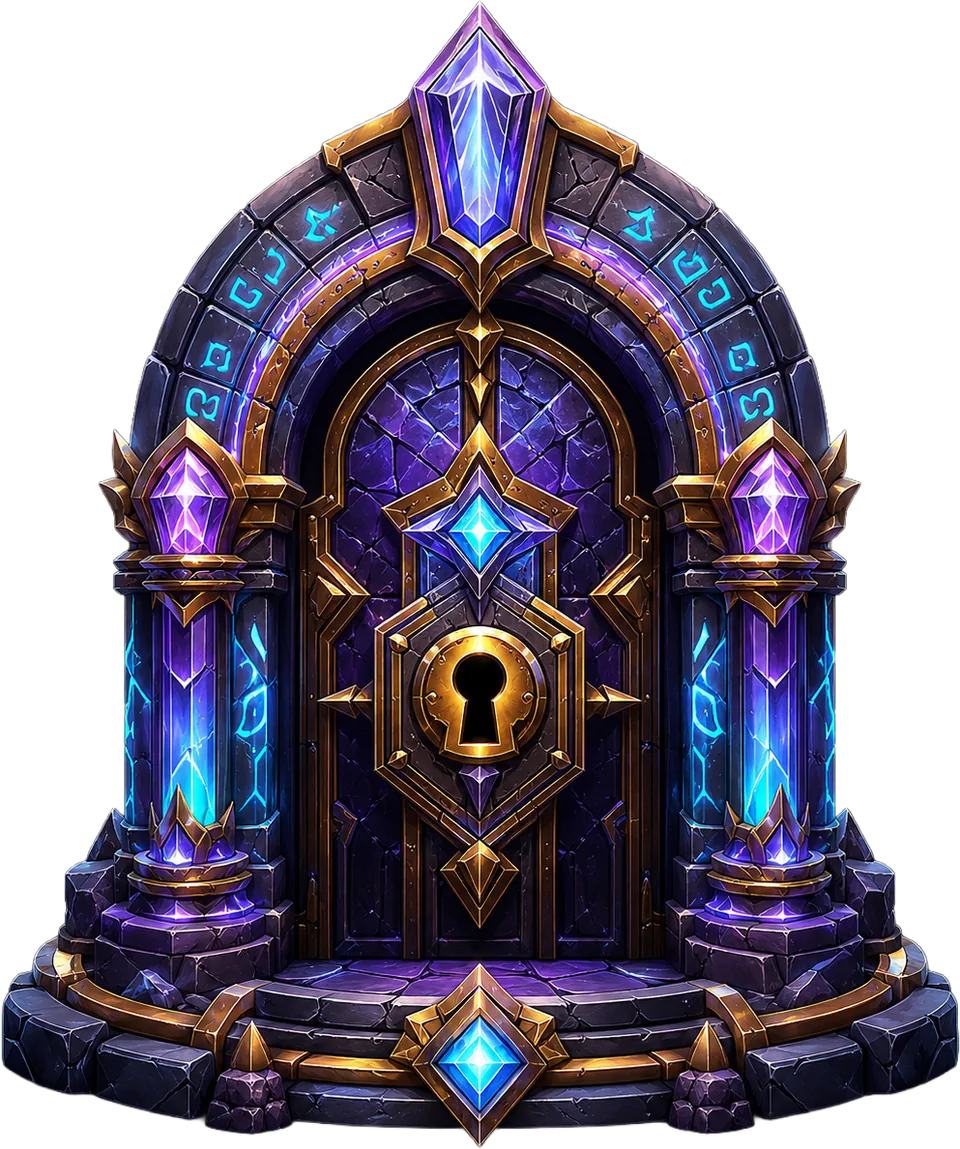 Crystal bank portal gate with cyan runes