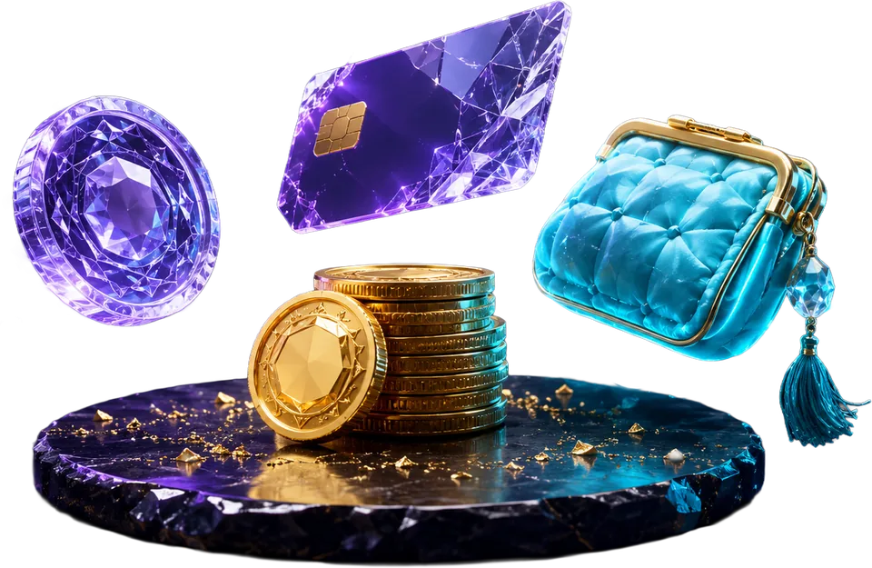 Crystal coin, violet card shard and cyan mana wallet on obsidian
