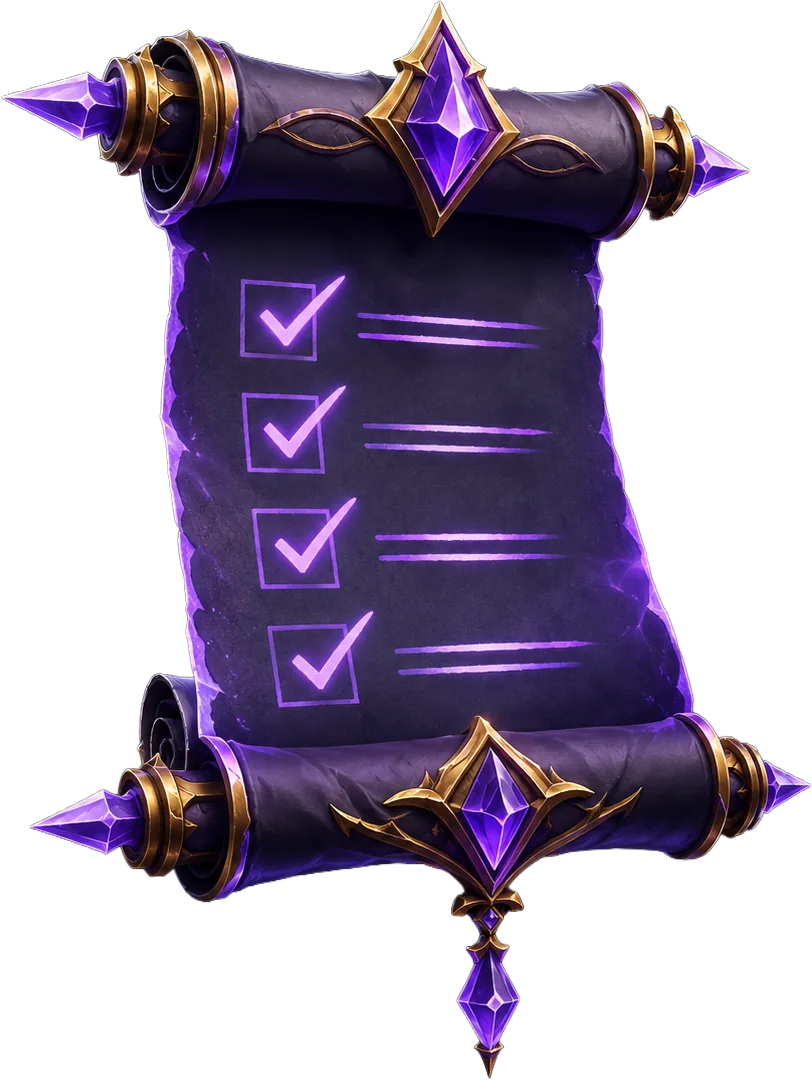 Floating checklist scroll with glowing violet marks